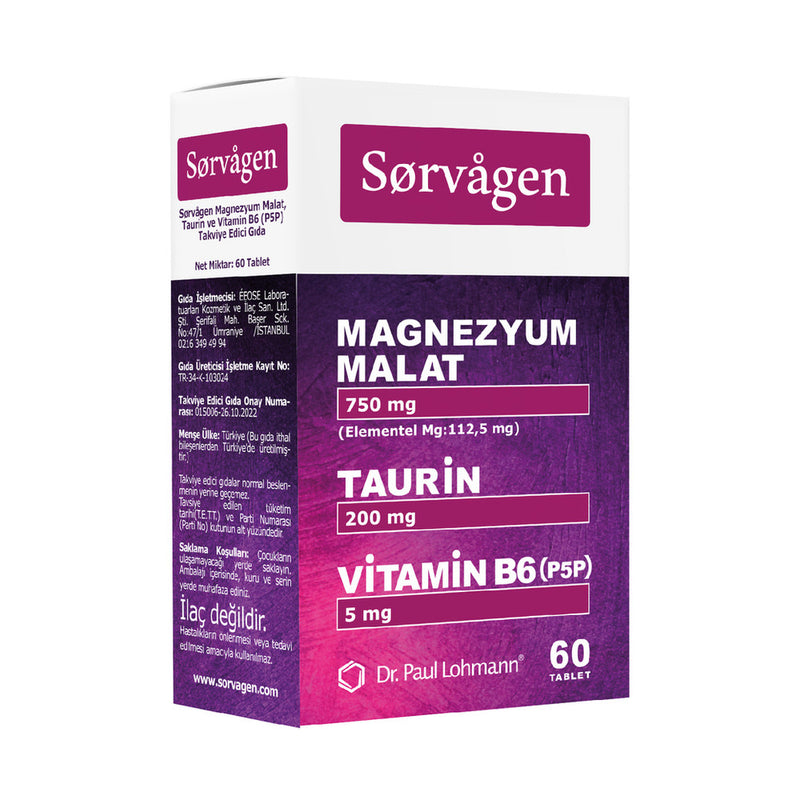 Sorvagen Magnezyum Malat, Taurin ve Vitamin B6 (P5P) 60 Tablet
