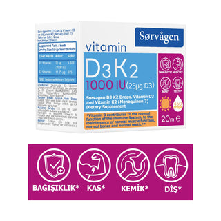 Sorvagen Vitamin D3K2 Damla, Vitamin D3 ve Vitamin K2 (Menaquinon 7)-20 ml